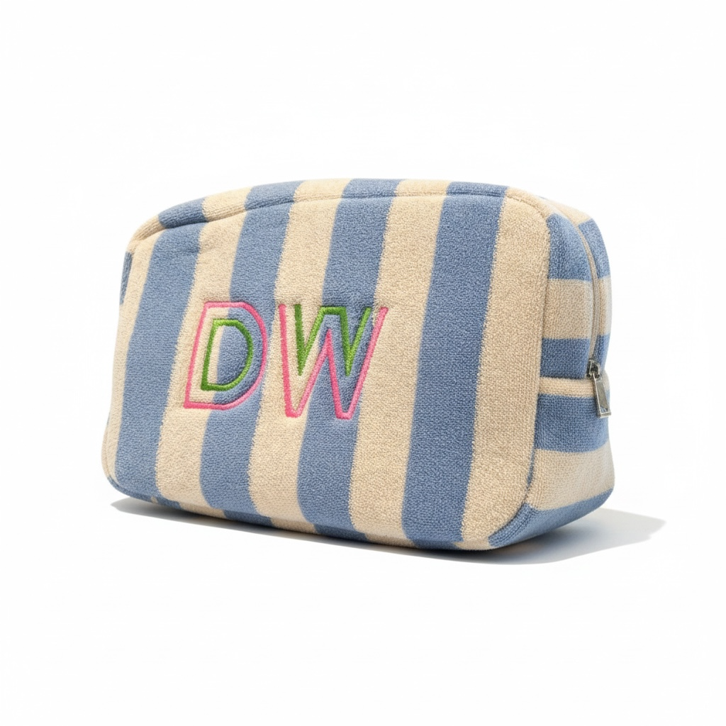 Custom Embroidered Striped Zip Cosmetic Case | Personalized Terry Makeup Bag | Monogrammed Pouch | Gift for Her